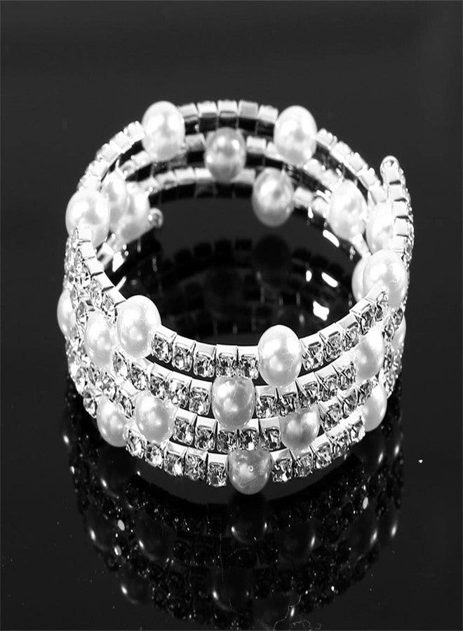 Kicomvi Imitition Pearl Stretch Bracelet Multilayer Crystals Pearl Elastic Bangle for Women Wedding Jewelry 1920s Costume-G Sliver - Image 2